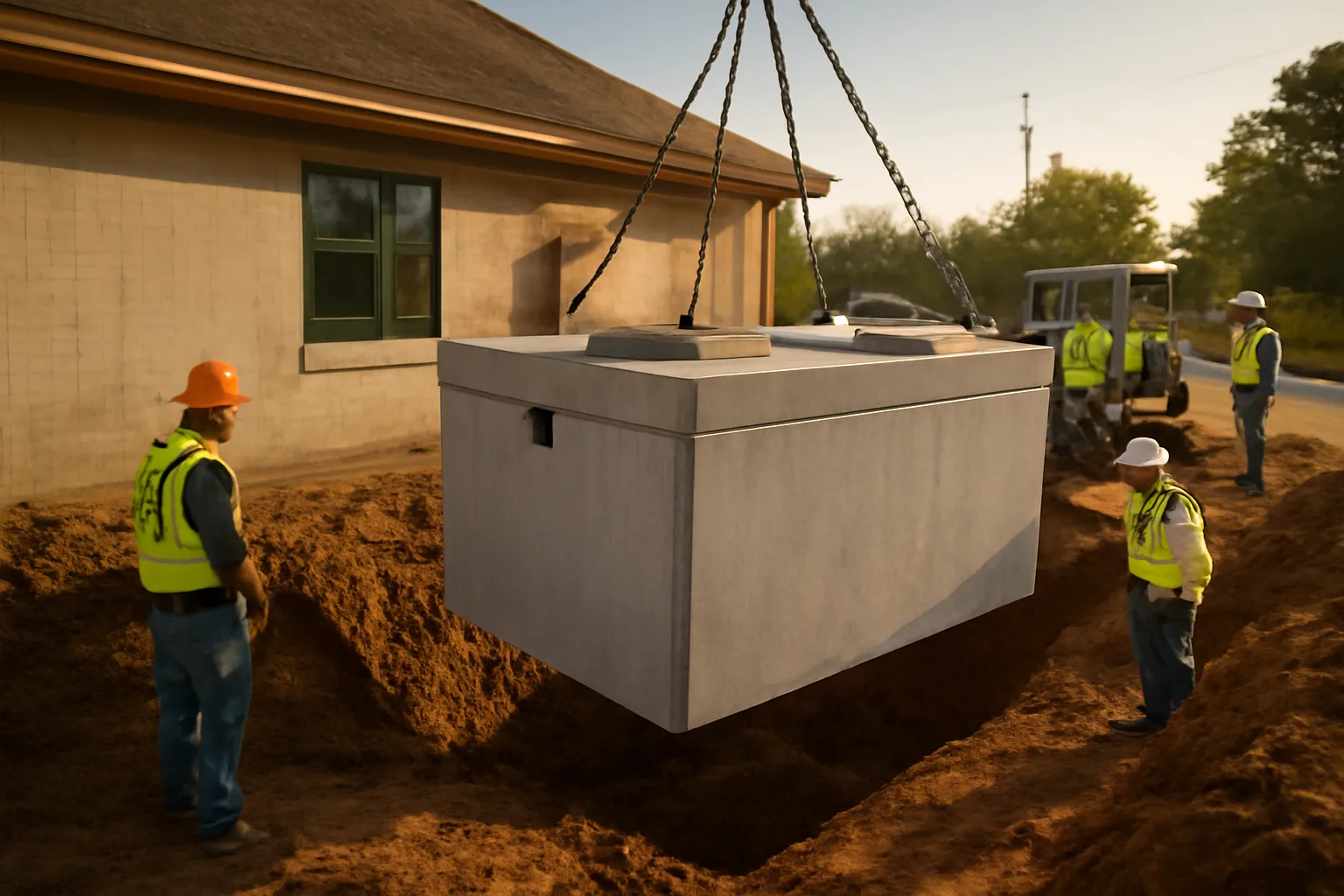 Precast concrete grease interceptor being installed beside a commercial kitchen in Alabama