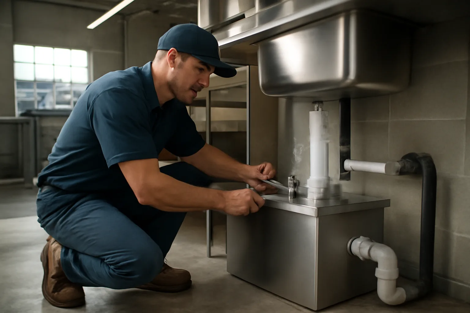 Plumber installing a grease trap interceptor under a commercial kitchen sink in Arizona