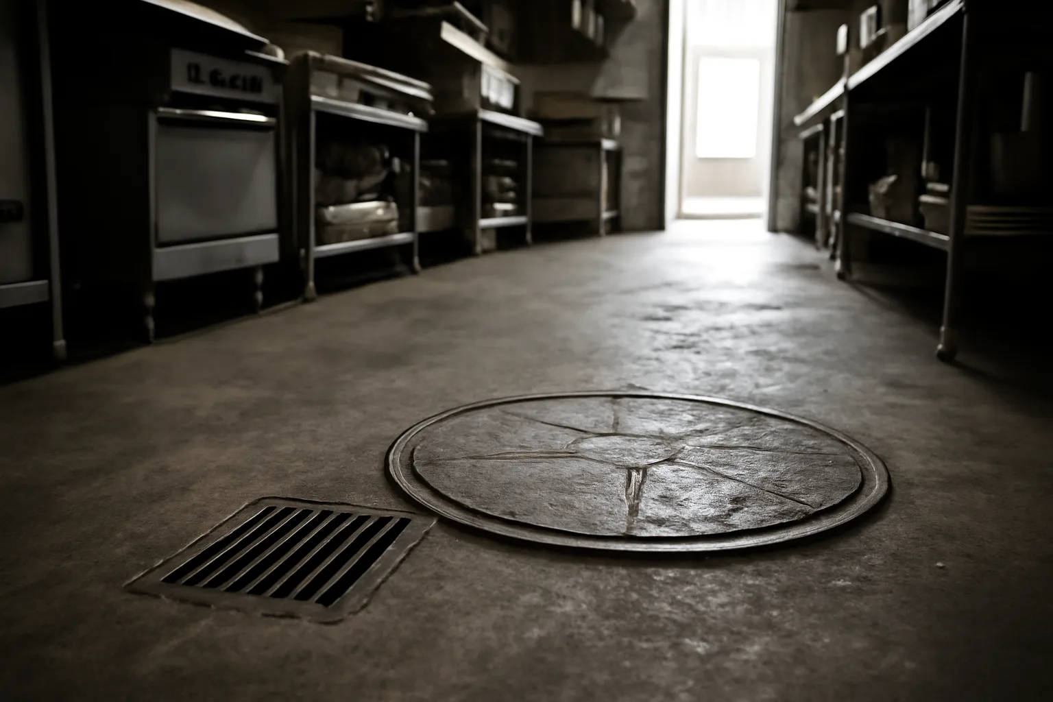 Open grease interceptor access lid on a commercial kitchen floor in Arkansas