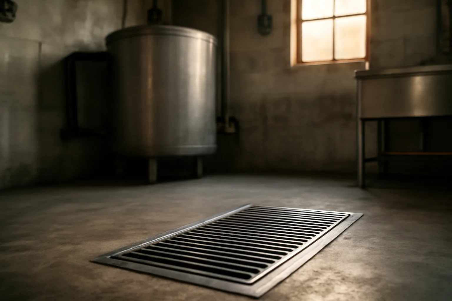 In-ground grease interceptor tank in a California commercial kitchen utility room