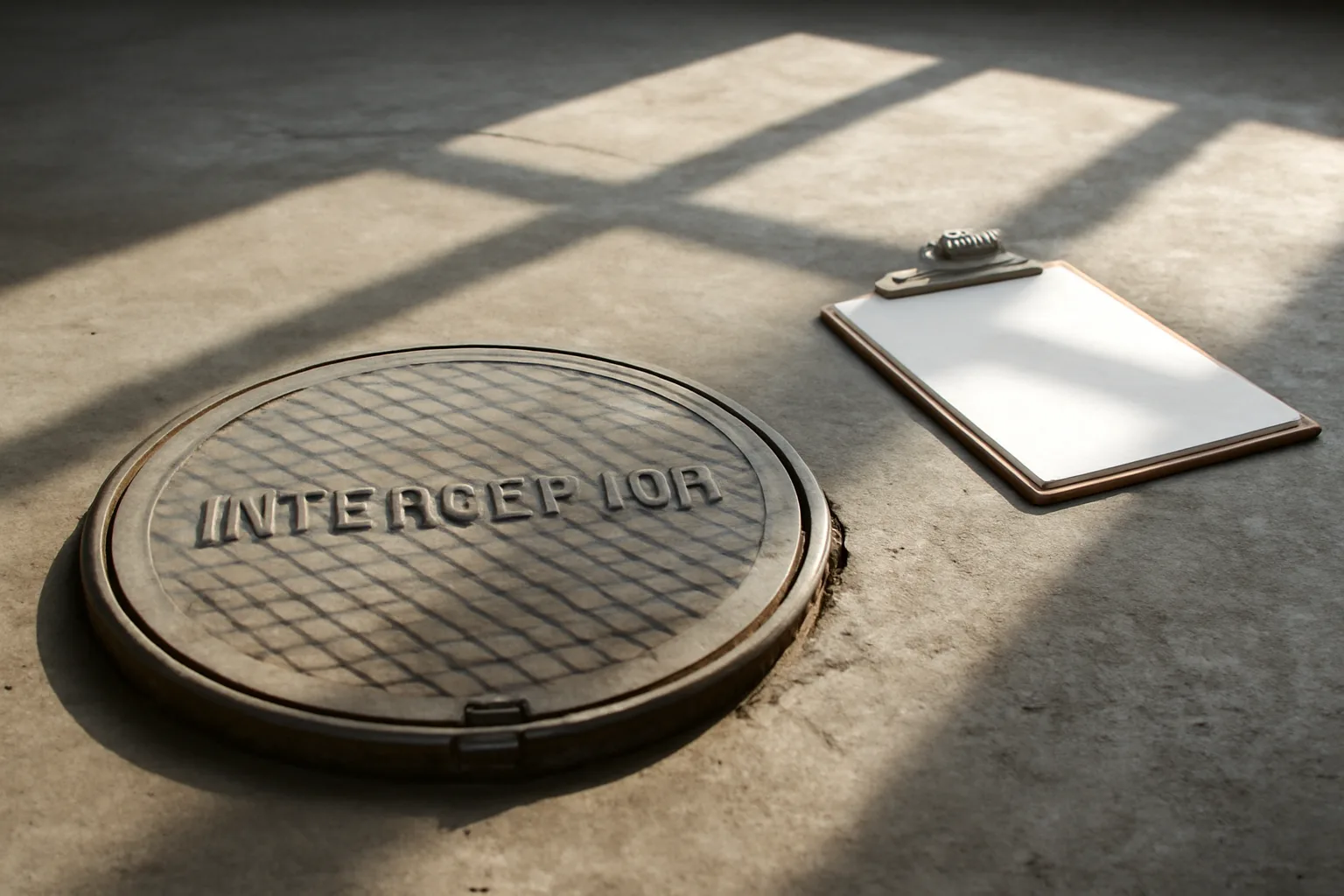 Commercial grease interceptor lid on concrete floor beside a compliance clipboard