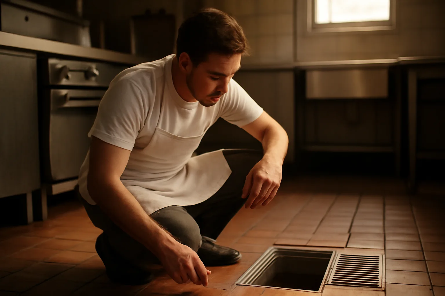 Restaurant worker inspecting a grease trap drain in a commercial kitchen
