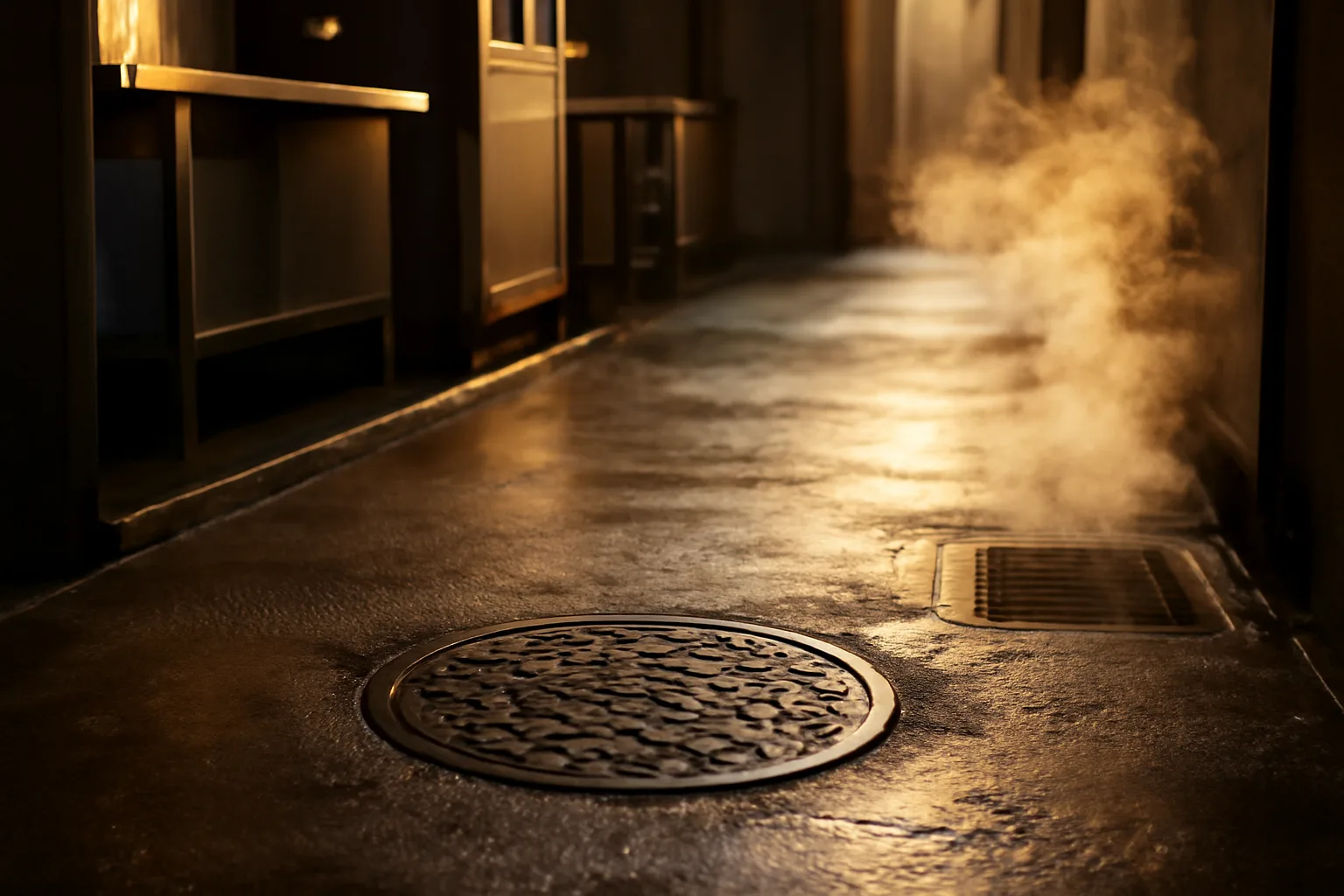 Cast iron grease trap cover set in wet concrete behind a kitchen