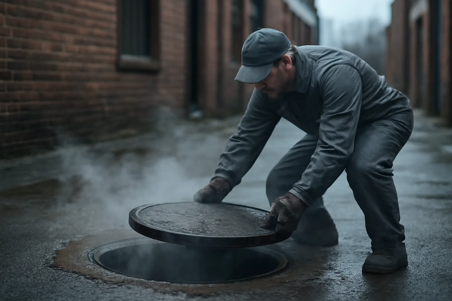 Worker lifting a grease trap cover in a wet restaurant alley