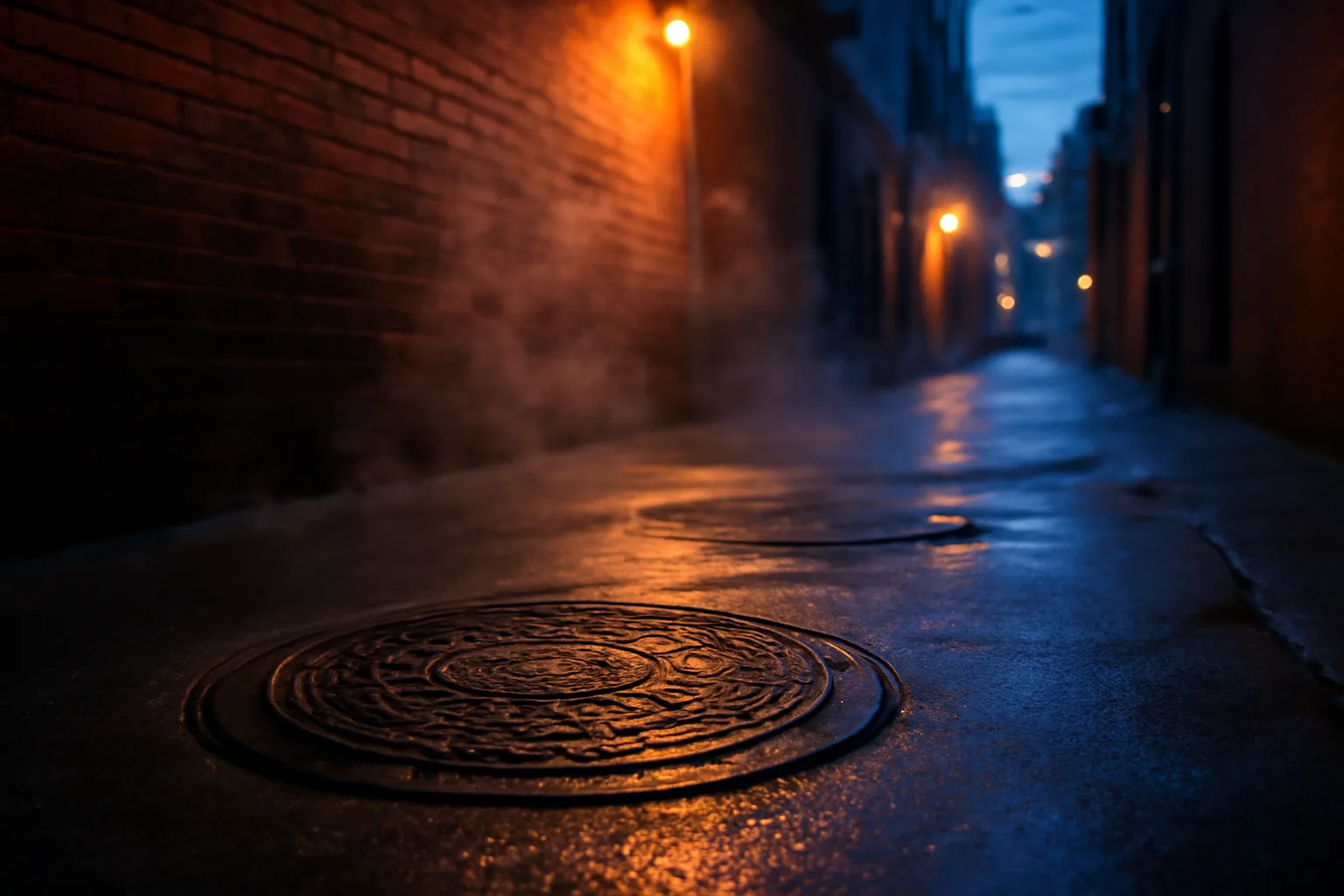 Cast iron grease trap covers in a wet restaurant service alley