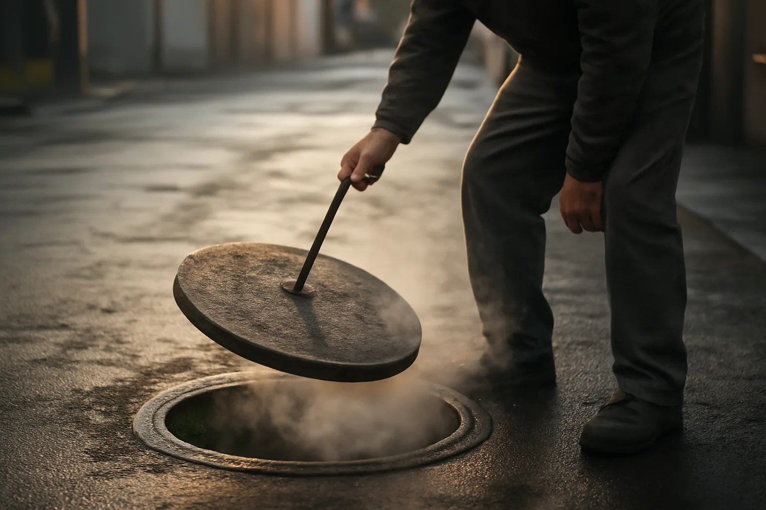 Worker lifting a concrete grease trap lid in a wet alley