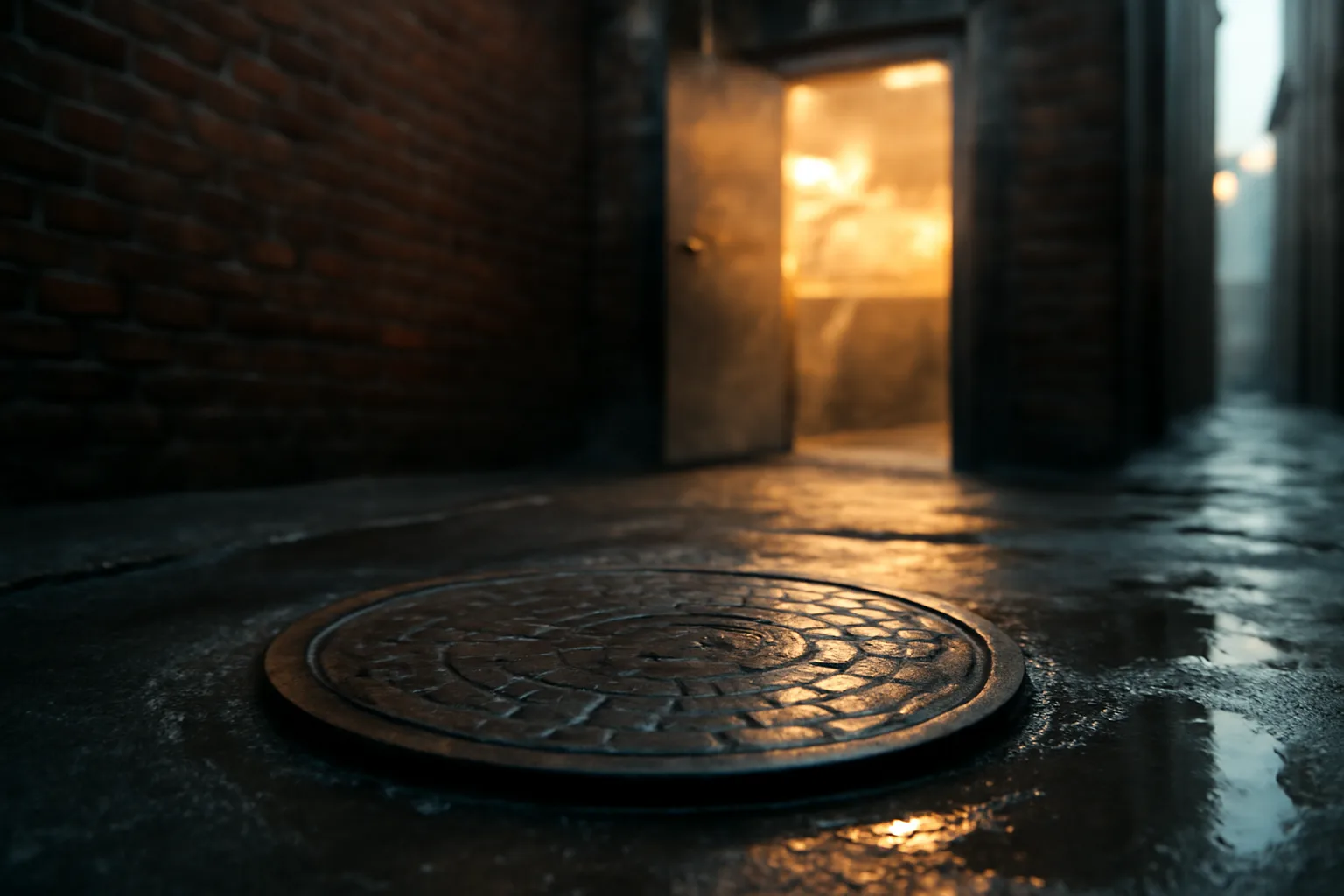 Outdoor grease trap interceptor lid in a wet restaurant alley at dawn