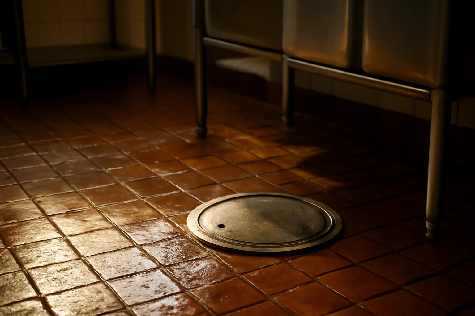 Metal grease trap lid in a closed commercial kitchen floor