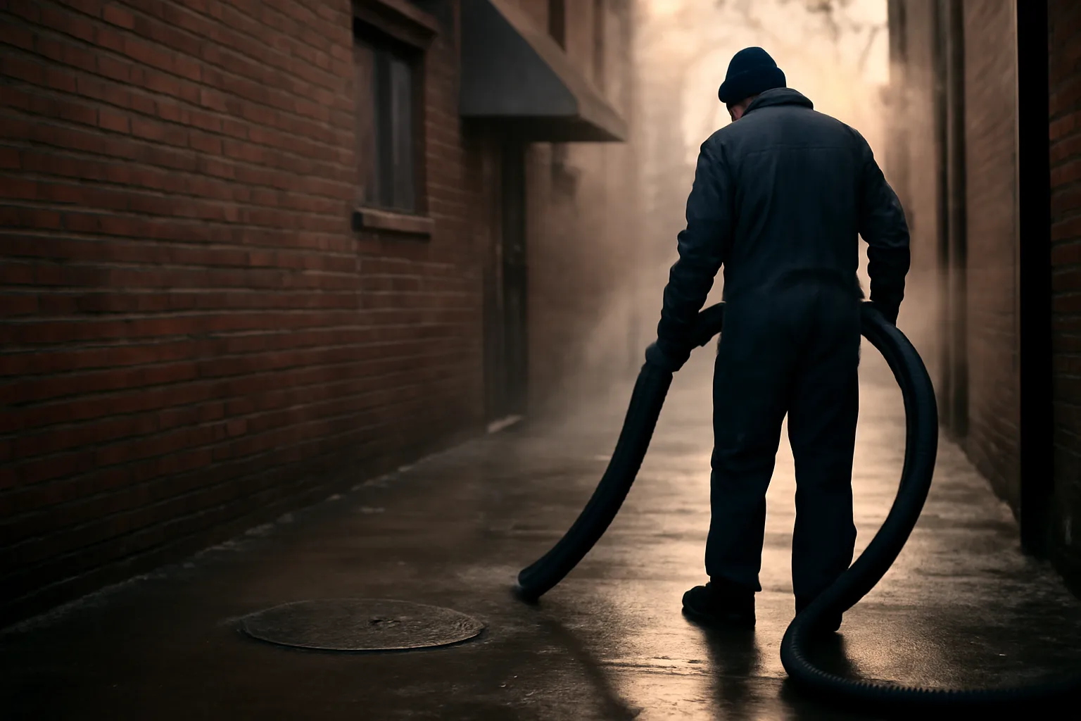 Worker beside an in-ground grease trap behind a kitchen