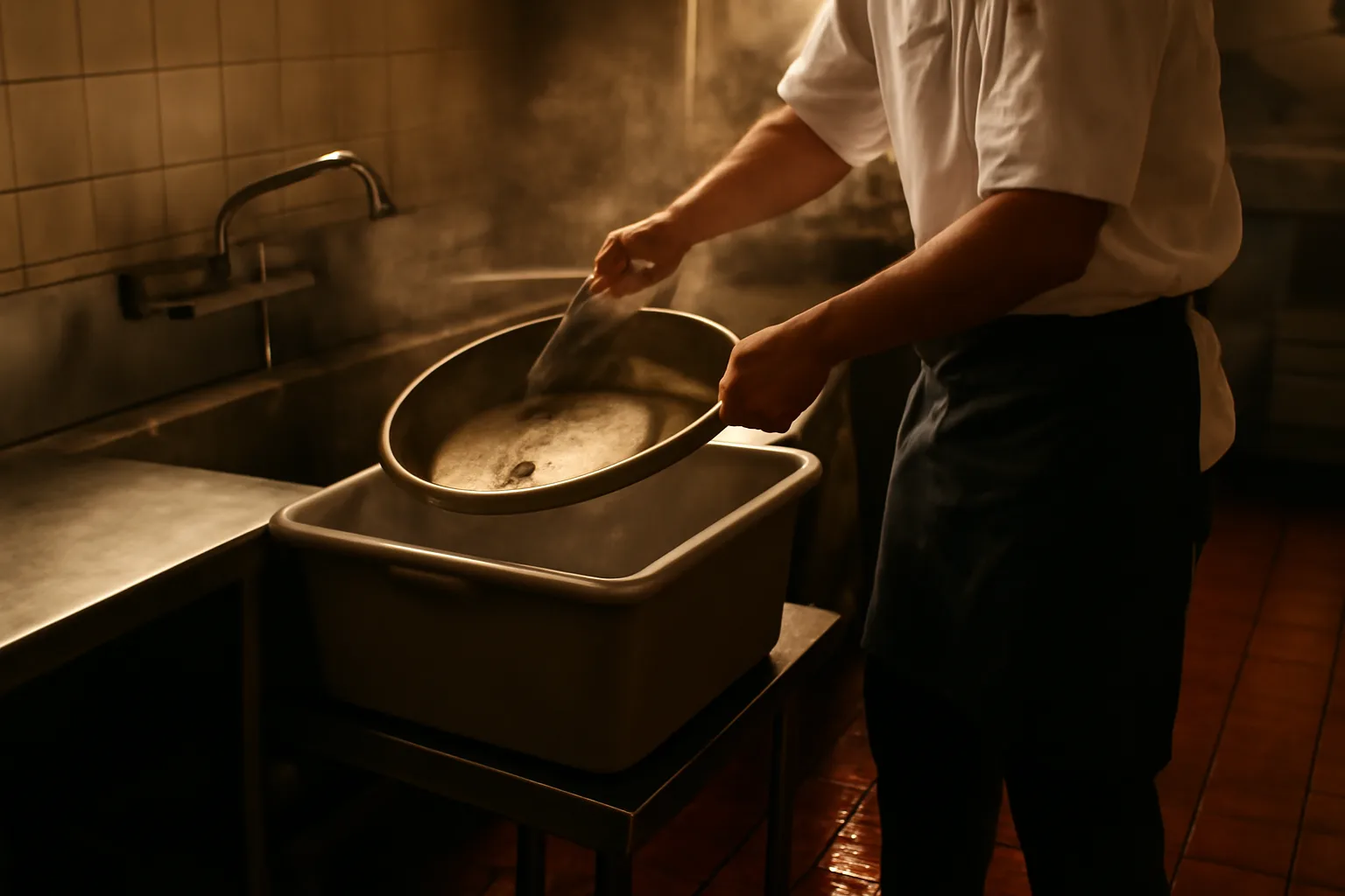 Restaurant dish pit floor sink where a grease trap starts