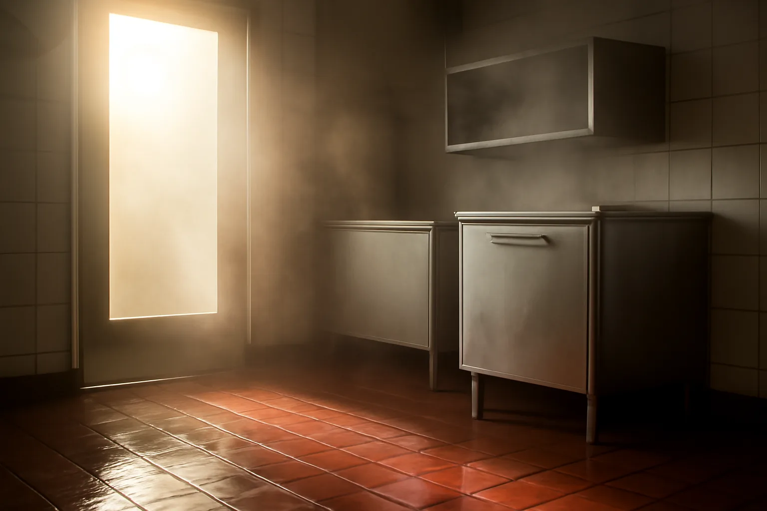 Metal grease trap tank beside a dishwasher in morning light