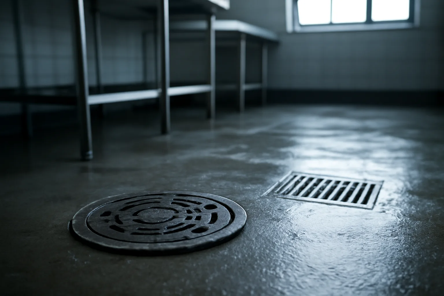 Cast iron grease trap cover on a wet commercial kitchen floor