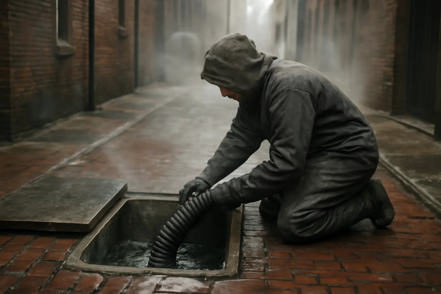 Operator pumping a restaurant grease trap in a brick alley