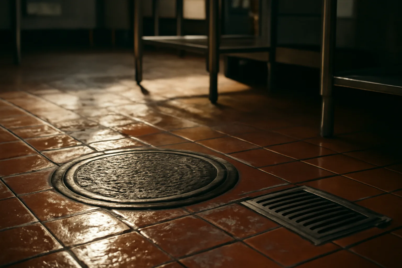 Cast iron grease trap lid on wet kitchen tile