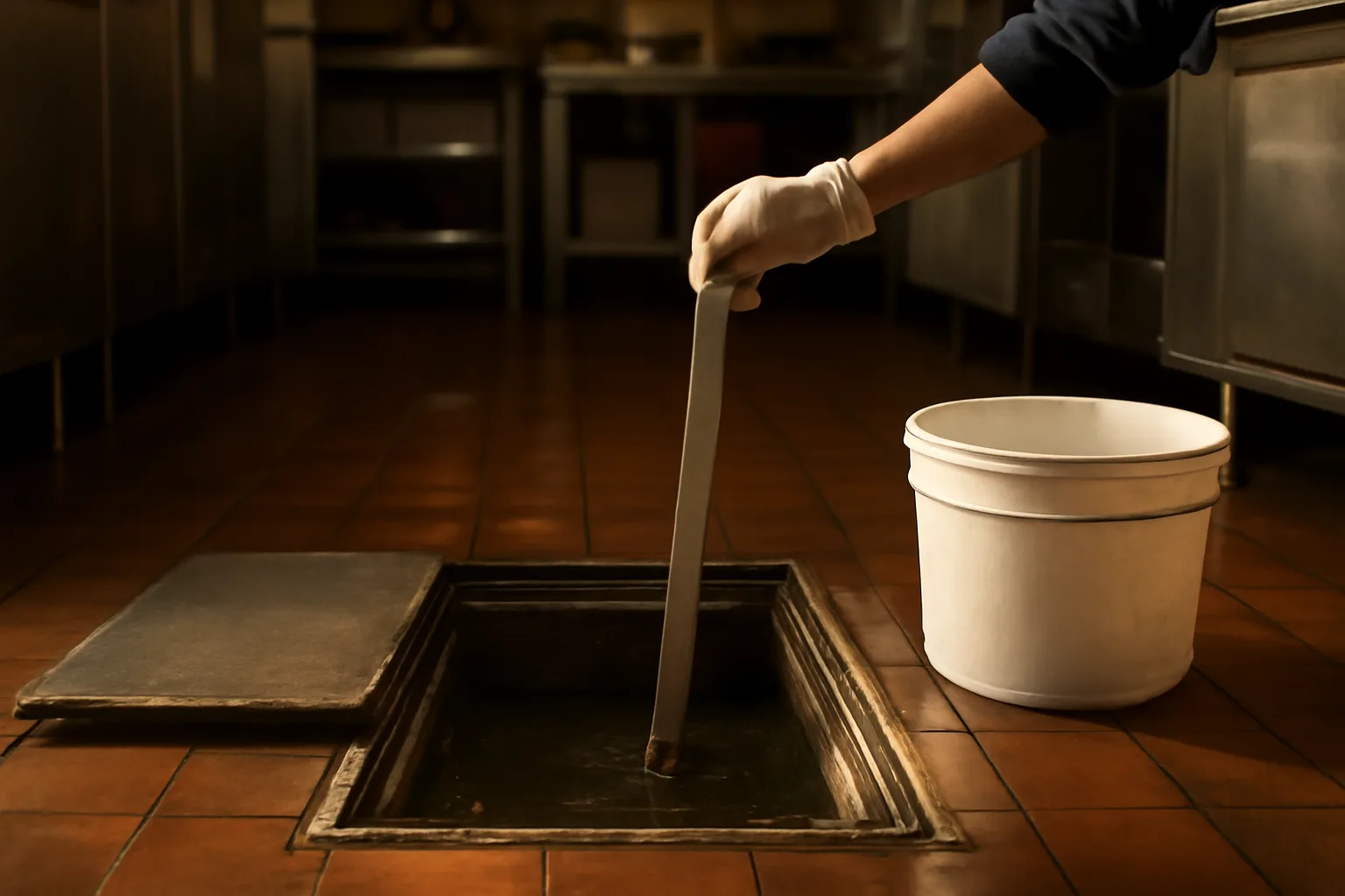 Gloved hand measuring an open grease trap in a restaurant kitchen