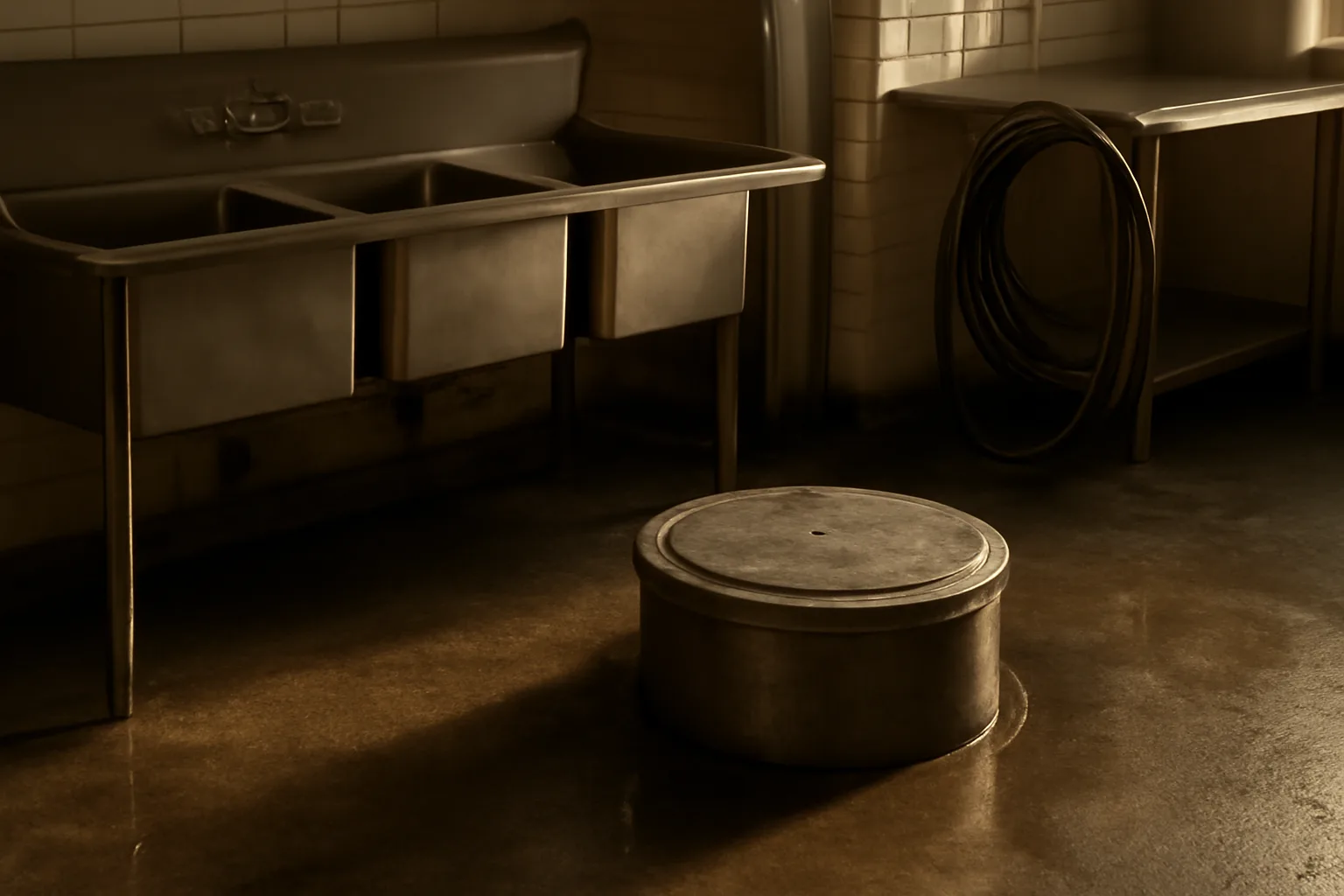 Metal grease trap set in concrete under a restaurant prep sink