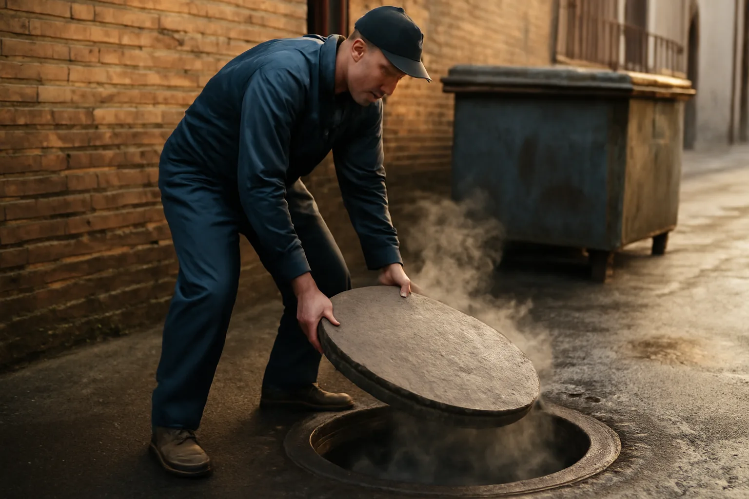 Worker opening an outdoor restaurant grease trap in a wet alley