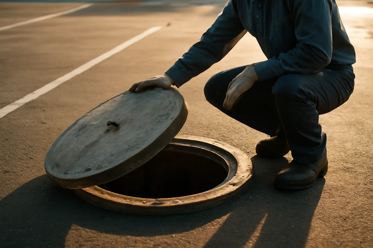 Worker opening a concrete grease interceptor lid behind a restaurant in Alabama