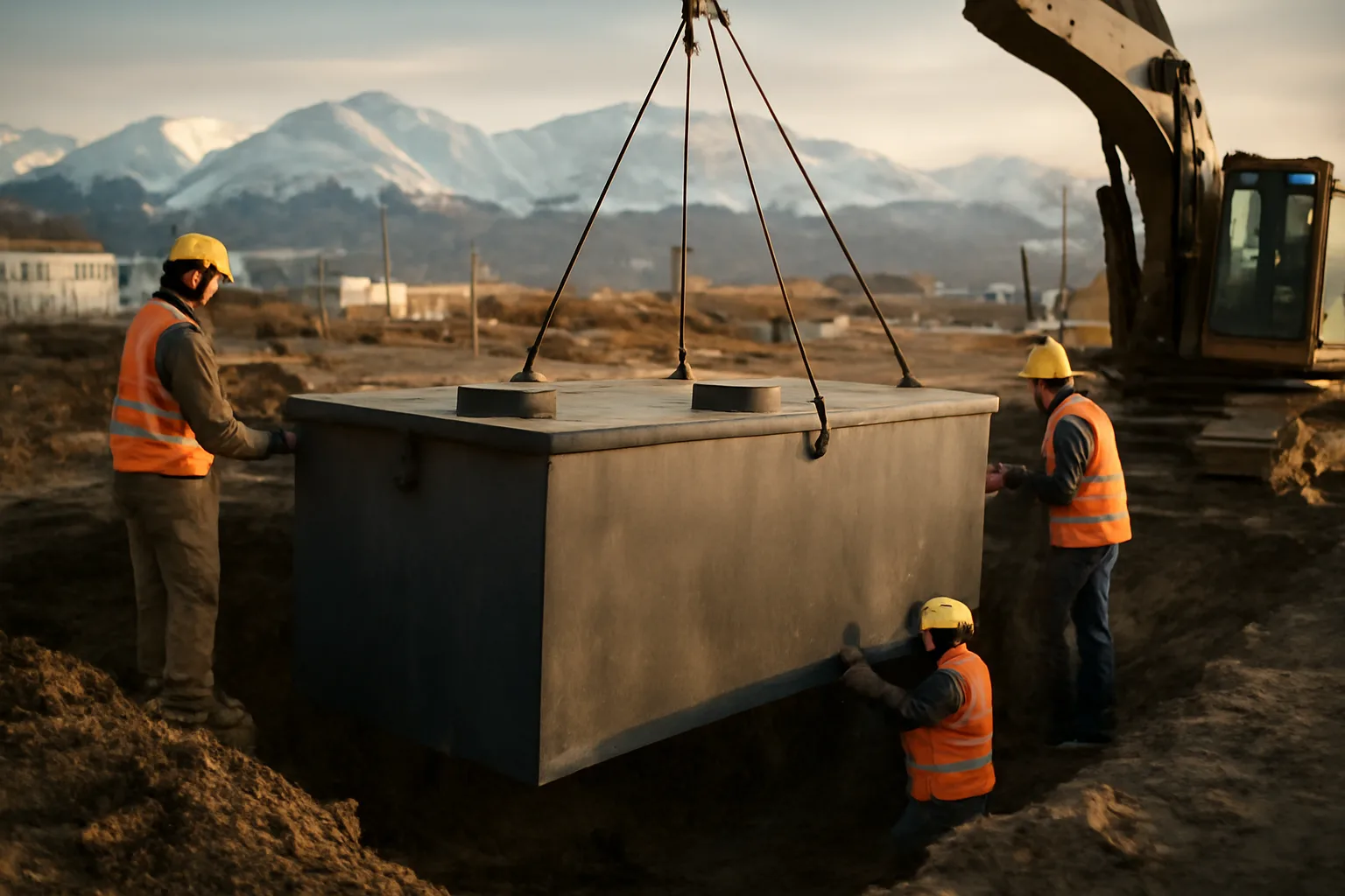 Workers installing a large grease interceptor tank in an Anchorage commercial construction site