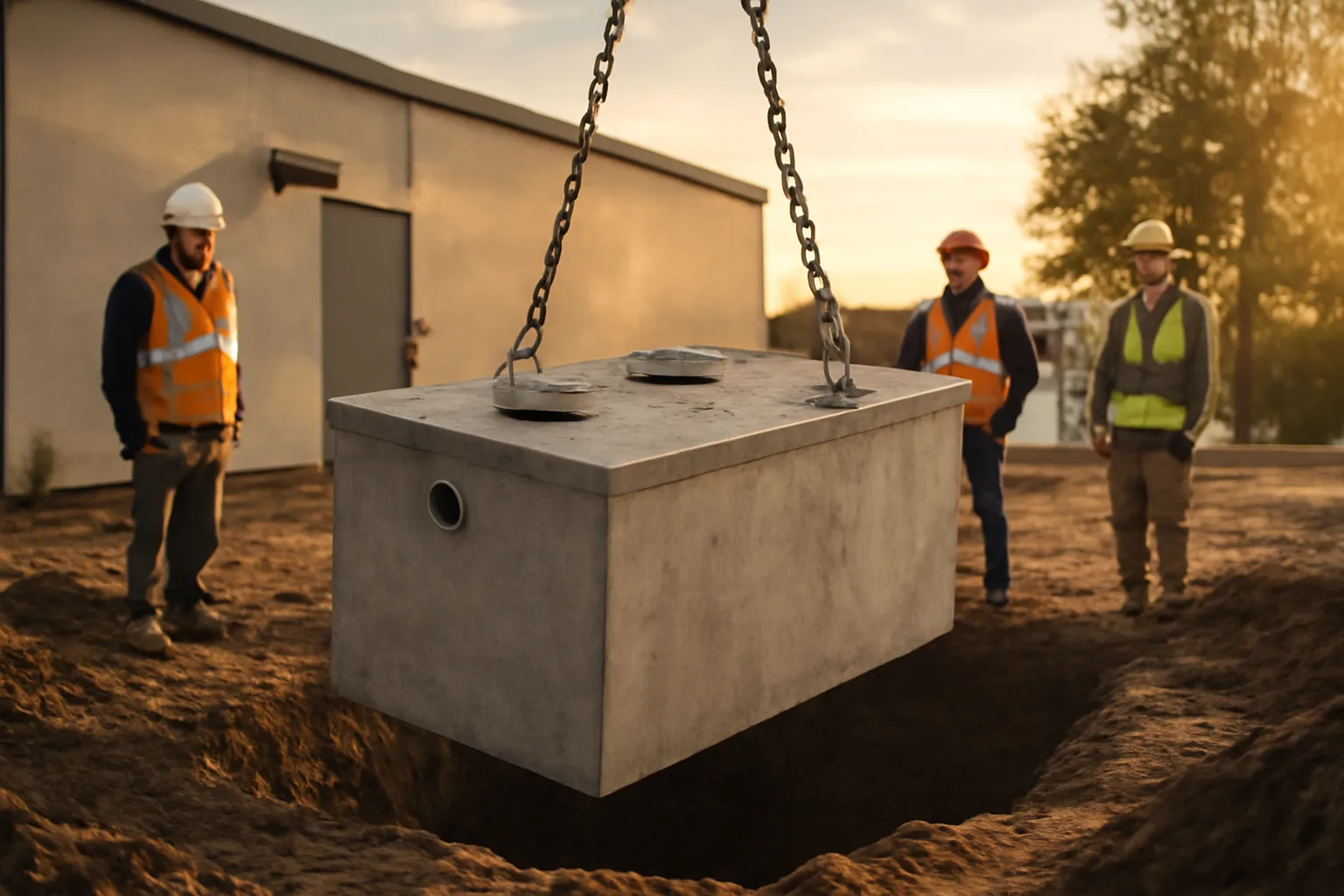 In-ground grease interceptor being installed beside a commercial kitchen in Arkansas