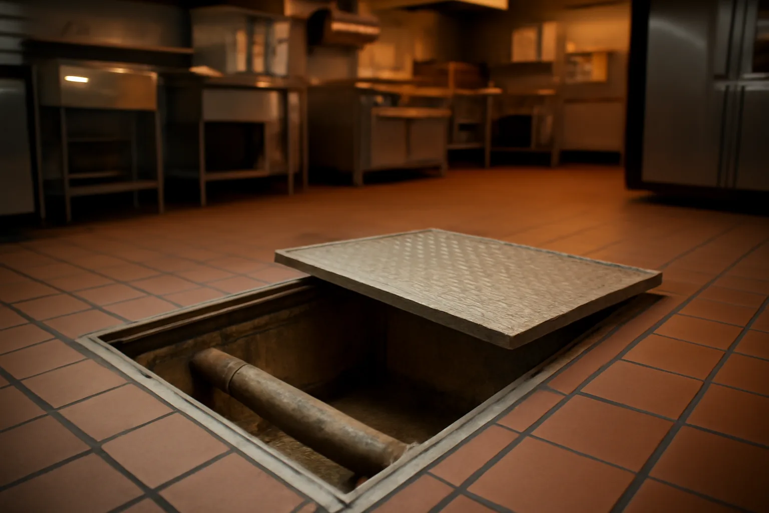Commercial kitchen floor drain with grease interceptor access cover lifted open