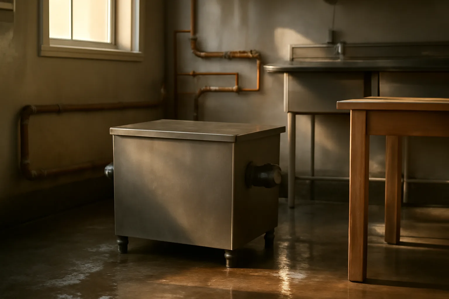 Stainless grease interceptor under a sink in a Colorado kitchen