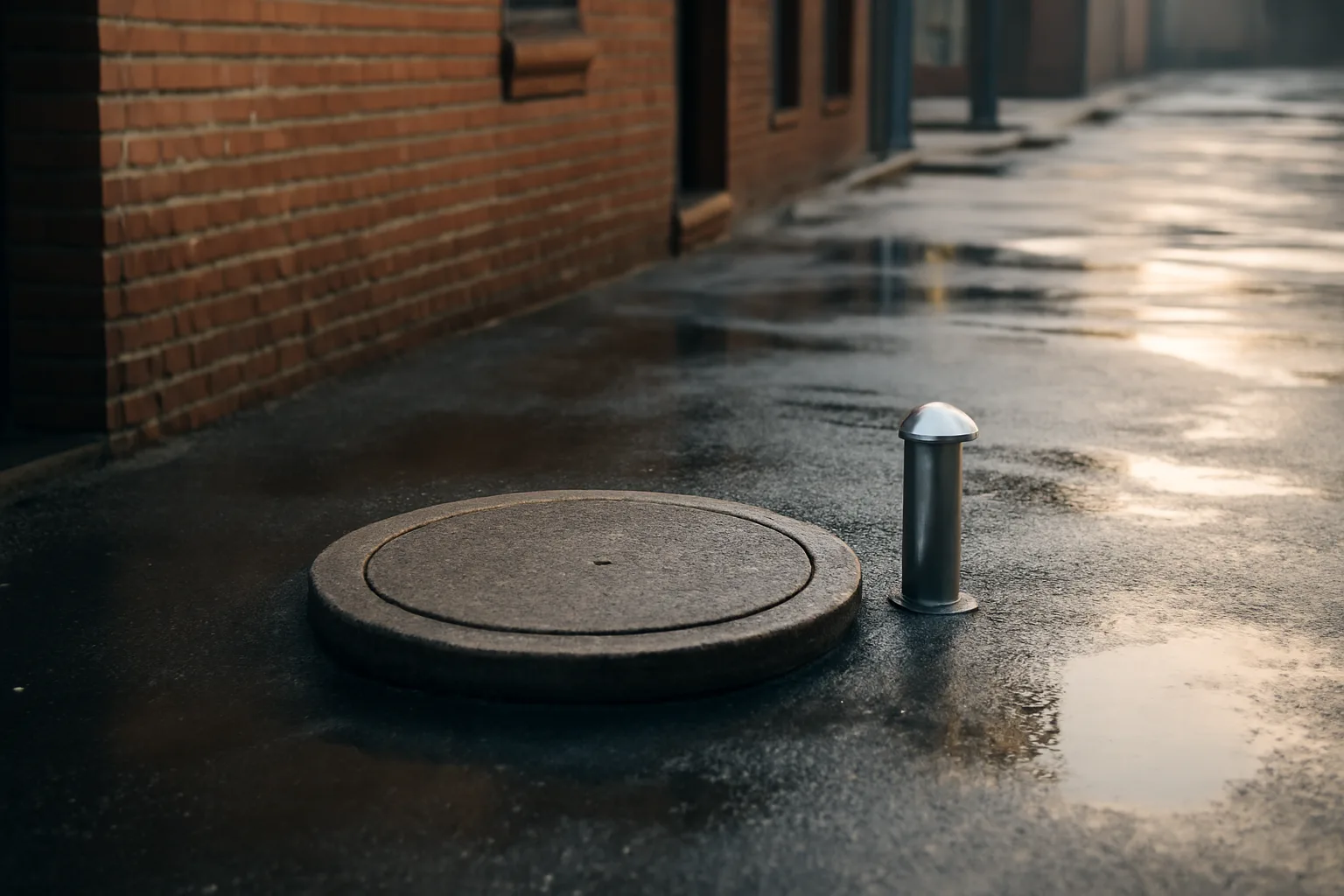 Concrete grease interceptor lid behind a Connecticut restaurant at dawn