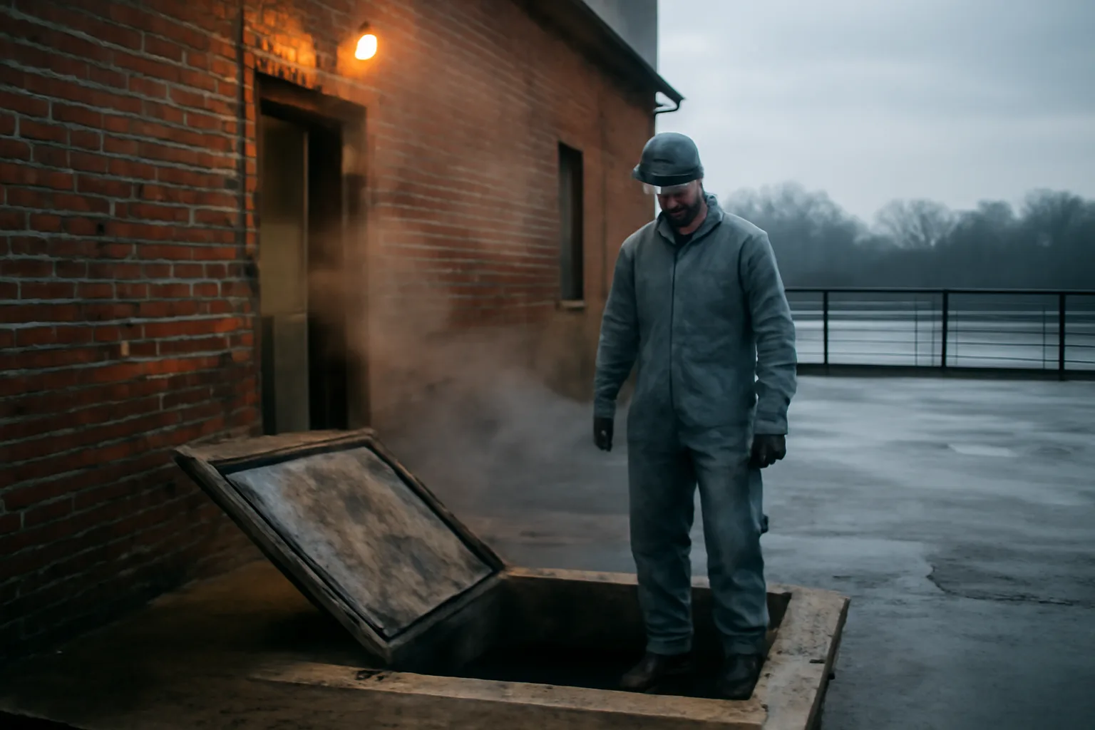 Worker beside an open grease interceptor vault behind a Delaware restaurant