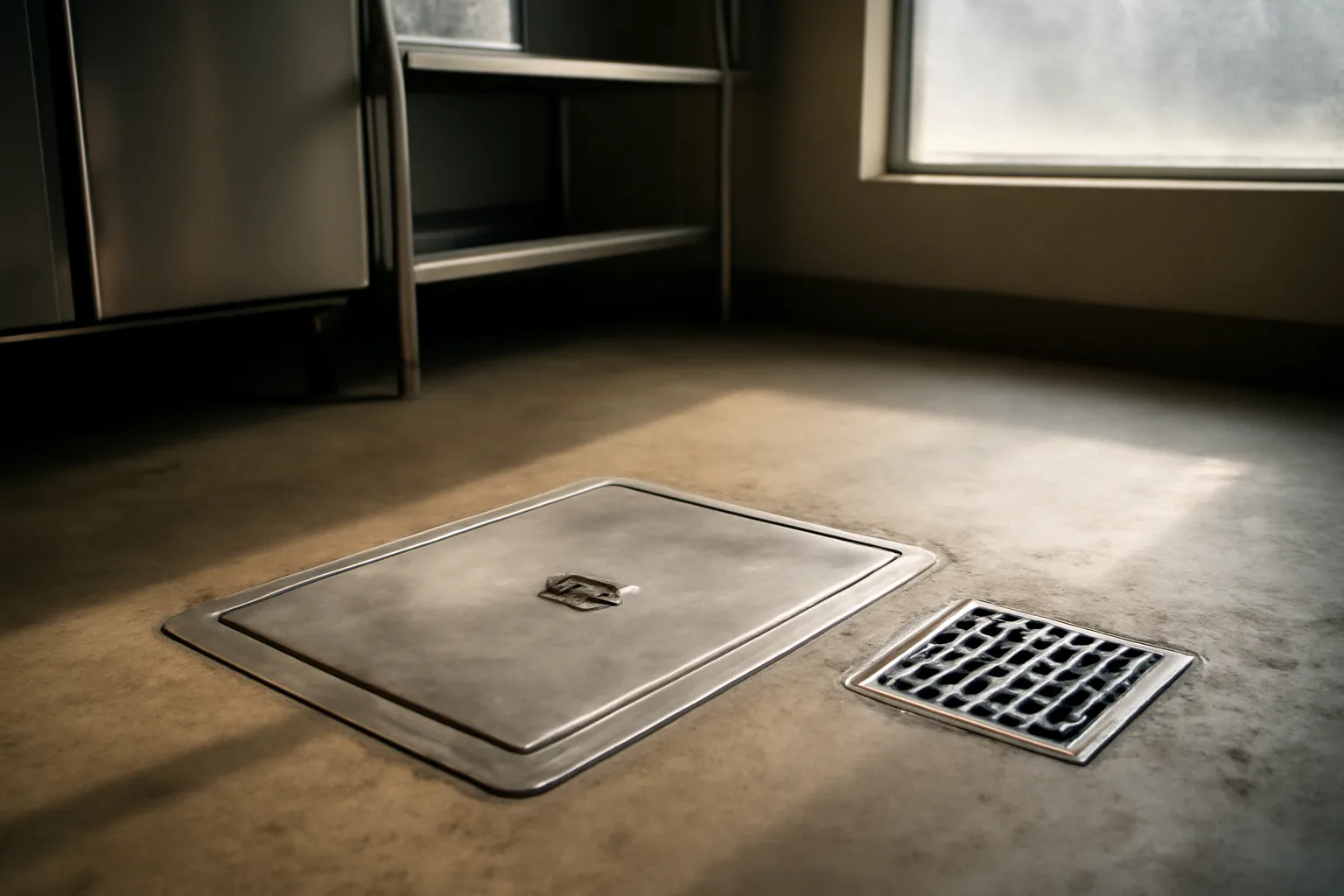 Grease interceptor access cover on a commercial kitchen floor in Alaska