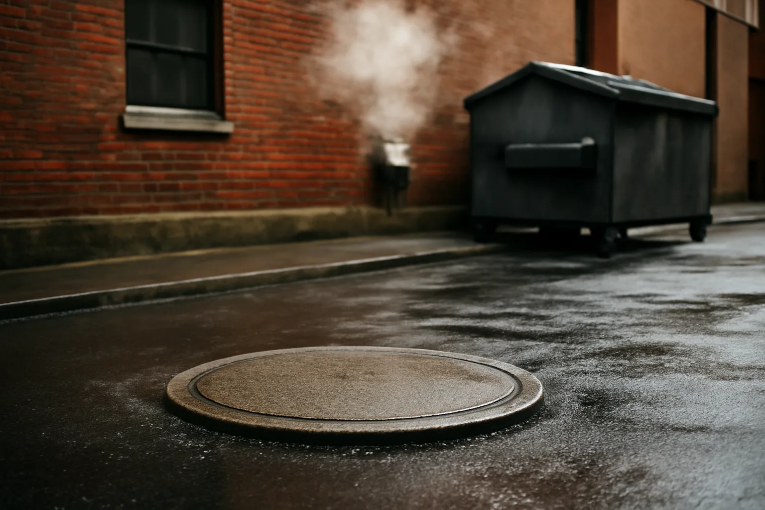 Concrete grease trap lid behind a Denver restaurant after rain
