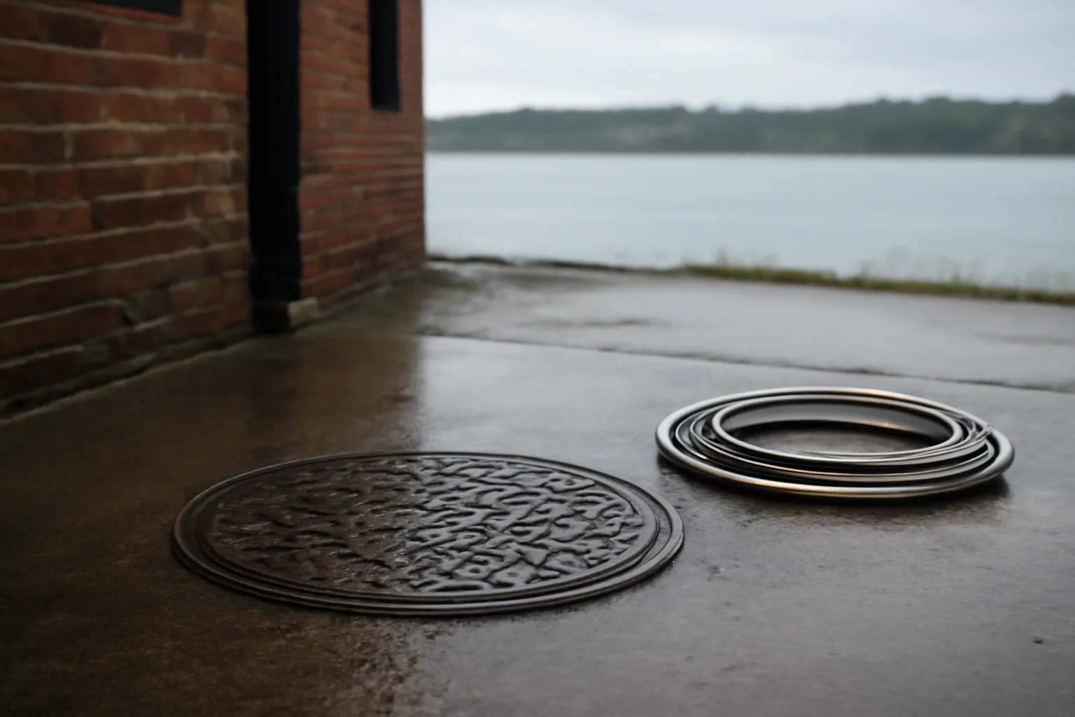 Grease trap cover in wet concrete behind a Delaware kitchen