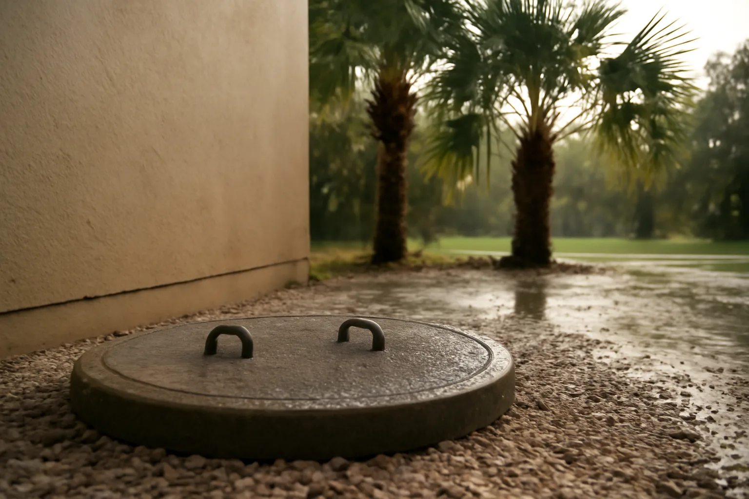 Concrete grease trap lid in wet Florida limestone beside a kitchen wall