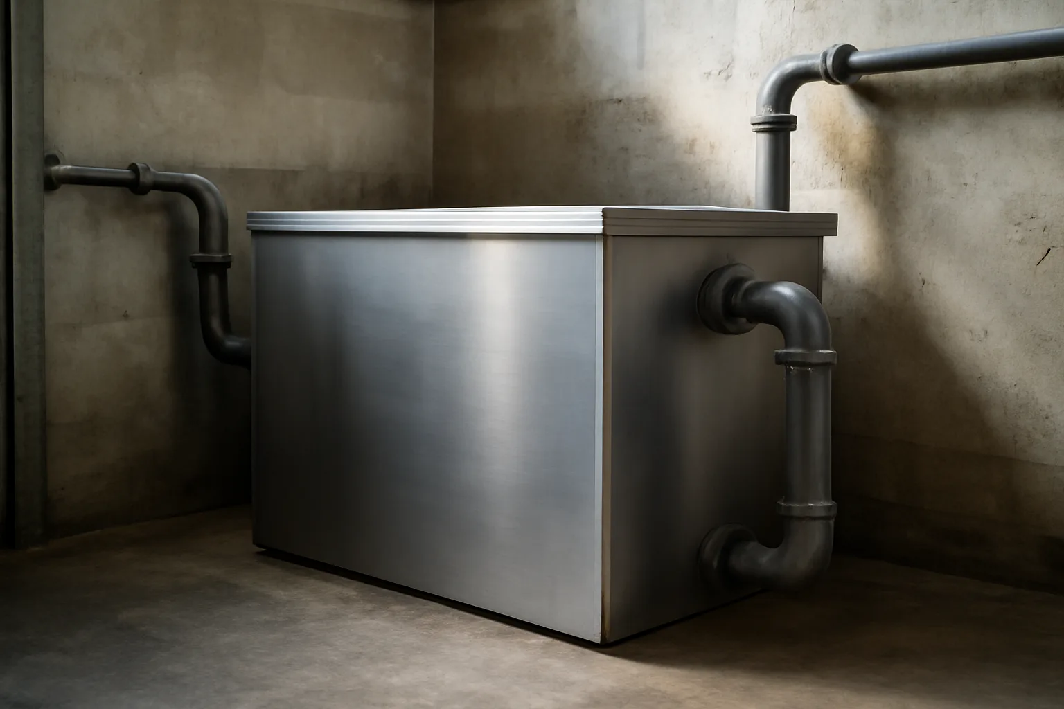 Commercial grease interceptor tank installed in a concrete utility room under a restaurant