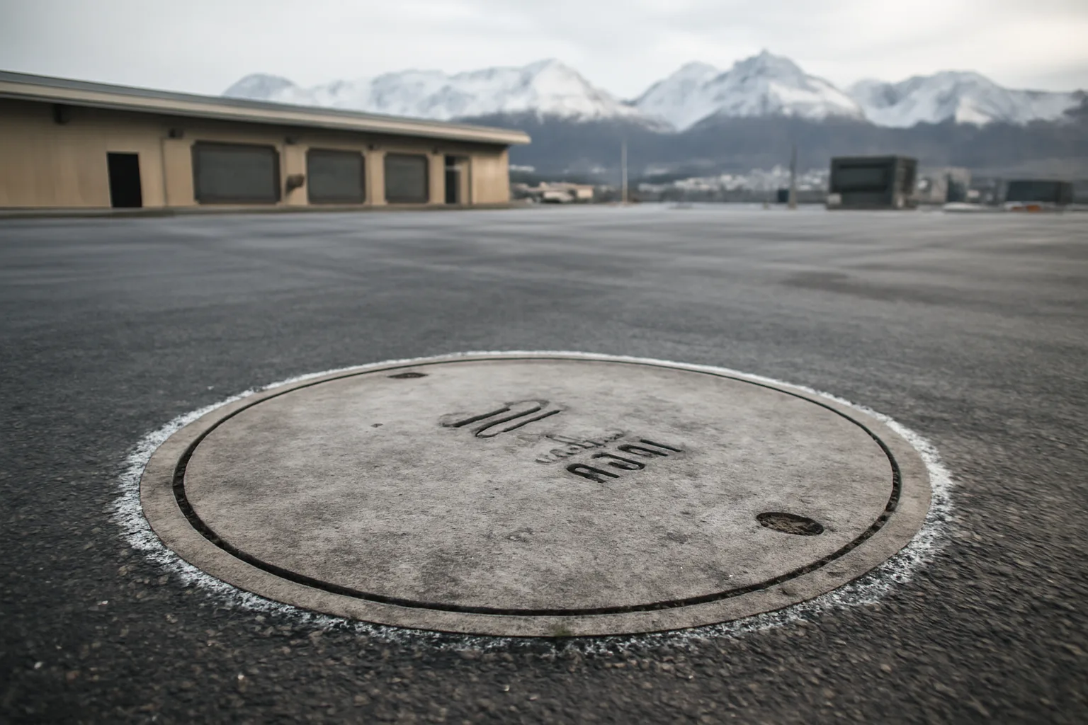 In-ground grease interceptor lid in an Anchorage commercial property with mountains in background