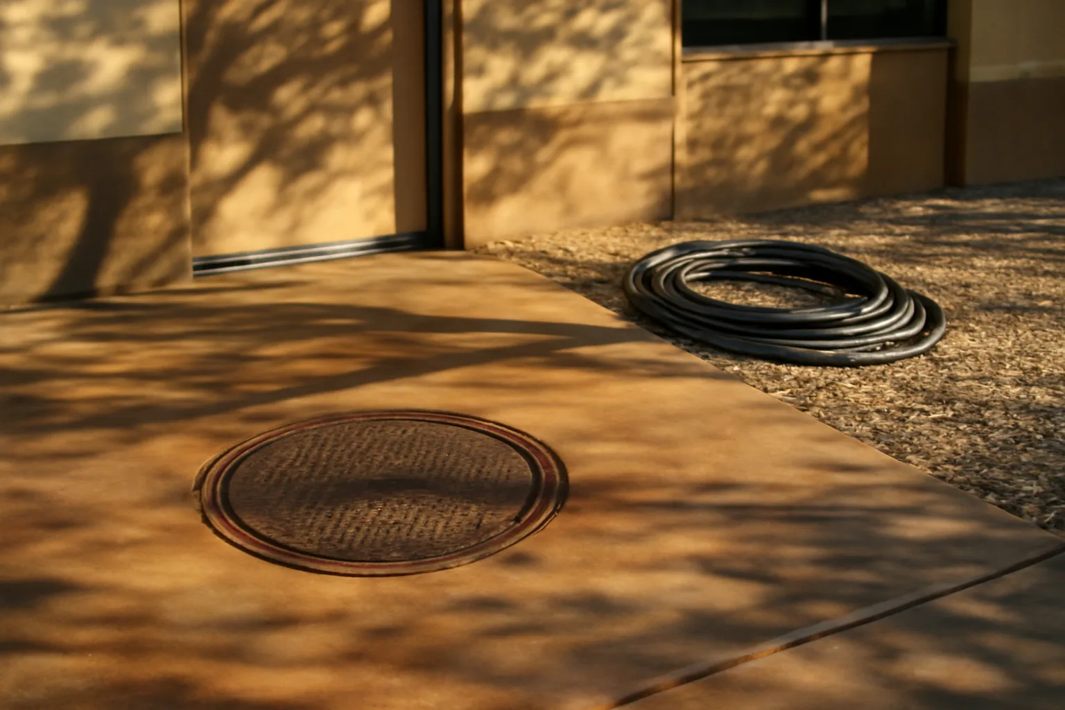Closed grease trap cover behind a Phoenix kitchen in afternoon light