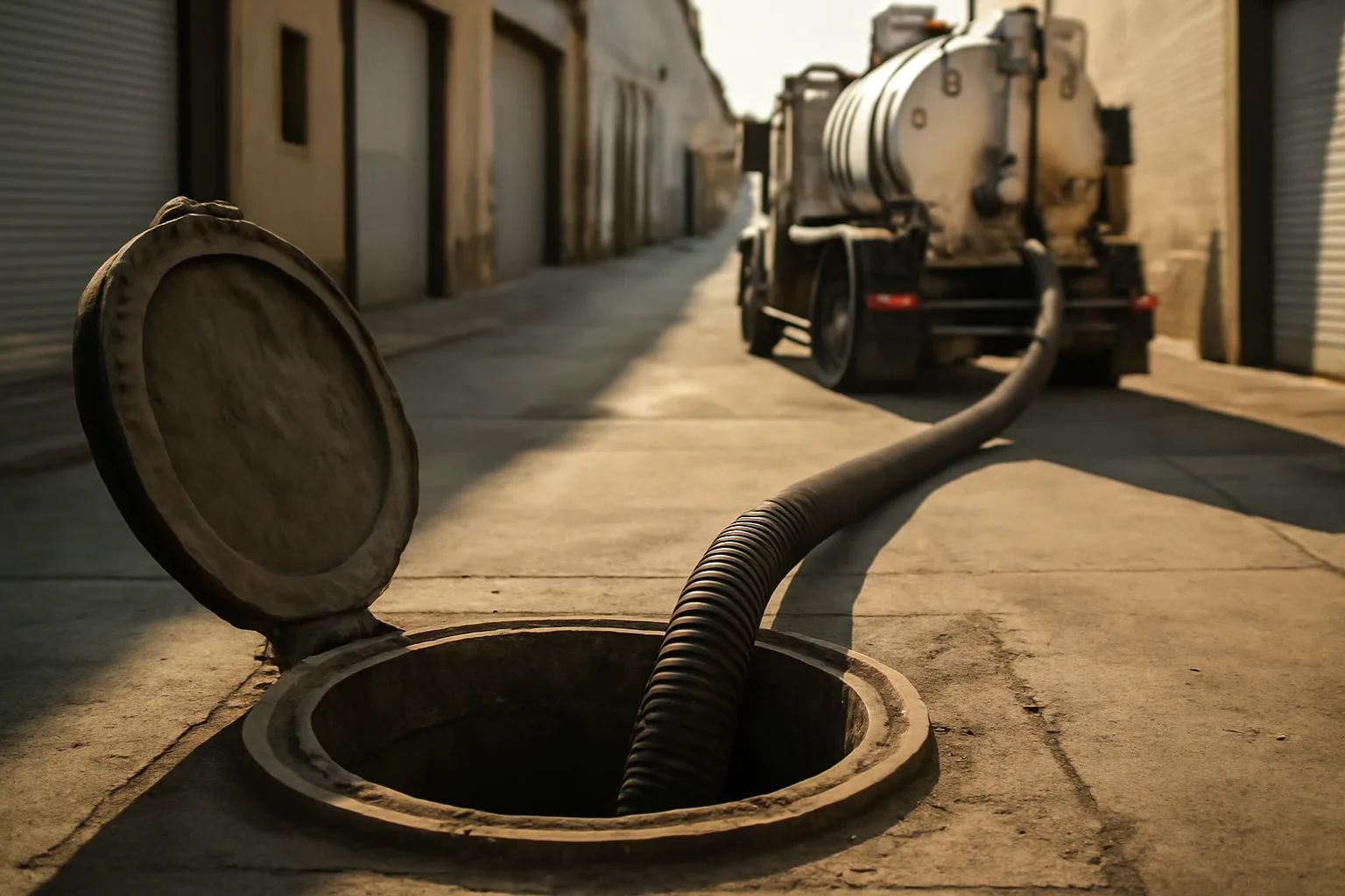 Vacuum truck hose connected to open grease interceptor access lid at commercial kitchen