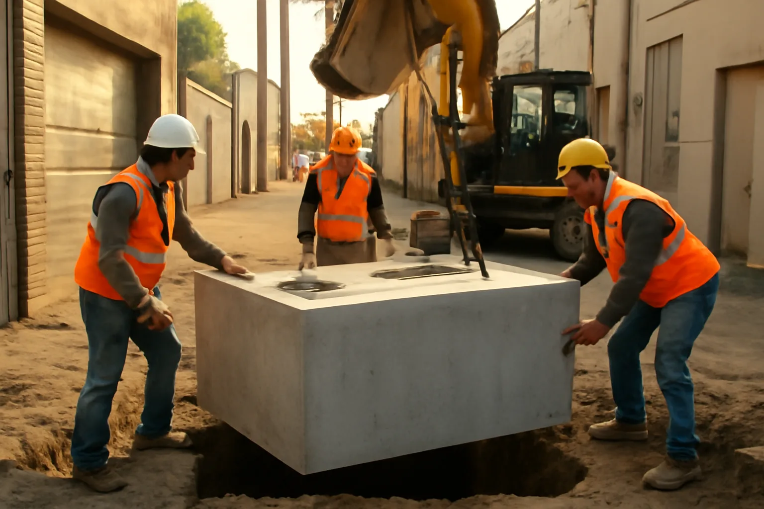 Workers installing a concrete grease interceptor in a California commercial alley