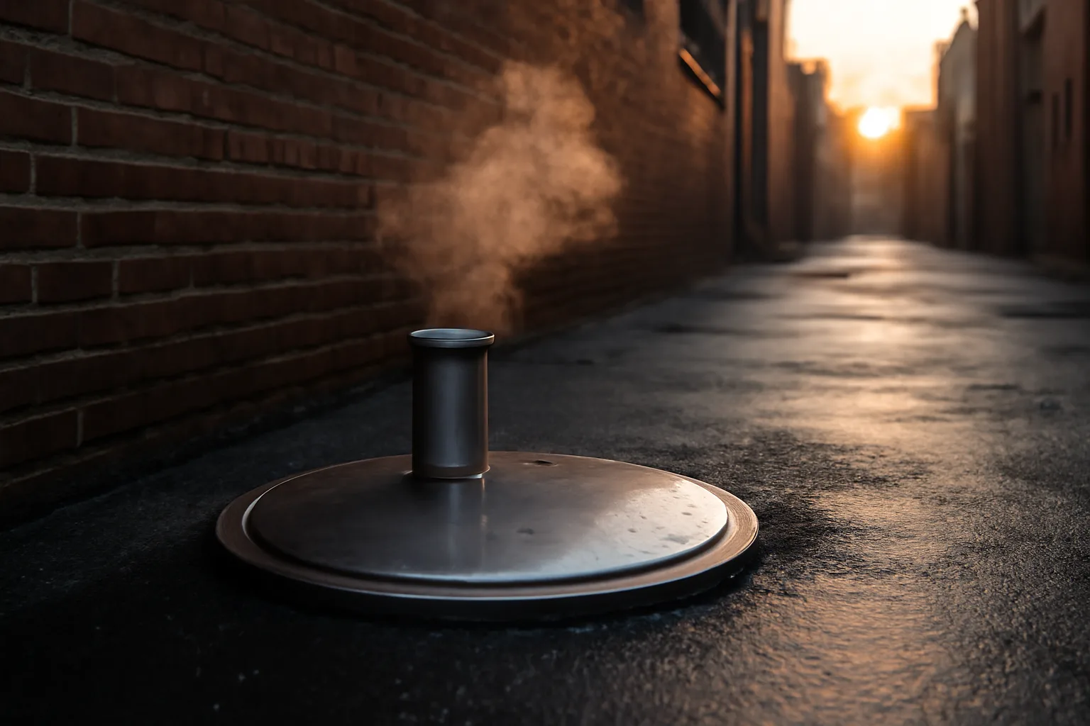 Stainless grease trap cover in a wet Delaware restaurant alley at sunrise