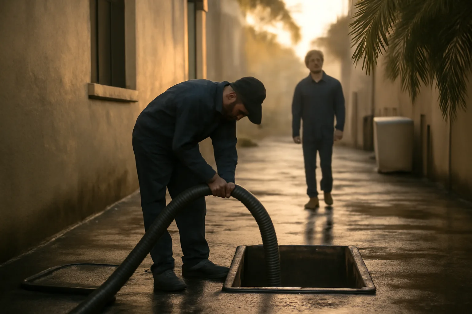 Crew pumps a grease trap interceptor behind a Florida restaurant