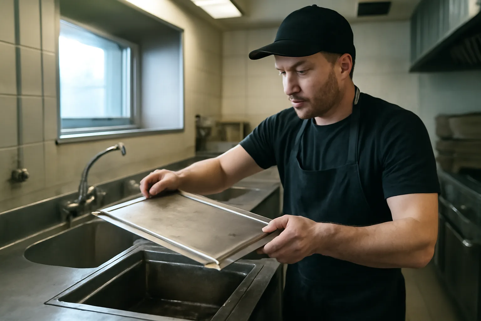 Commercial kitchen worker lifting grease trap cover in Anchorage restaurant kitchen