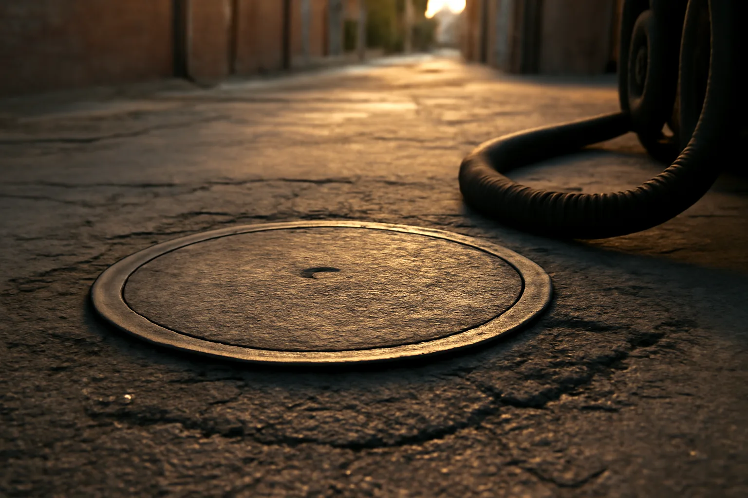 Grease interceptor access lid in a restaurant alley with pump truck hose