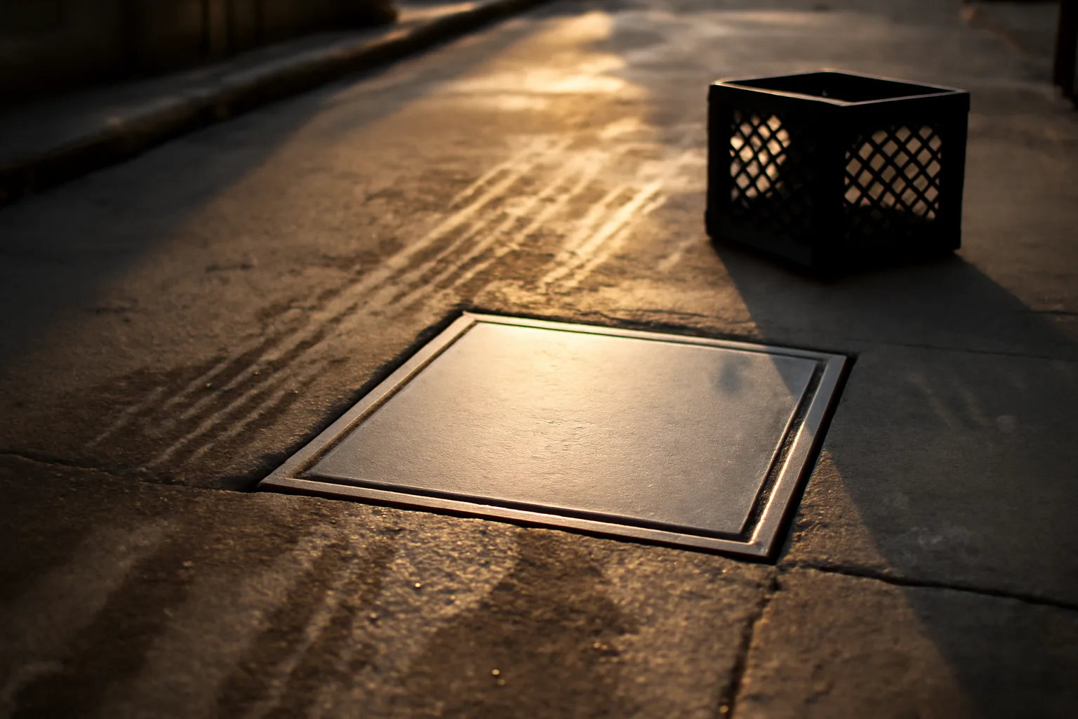 Concrete grease interceptor lid in a sunlit California restaurant alley