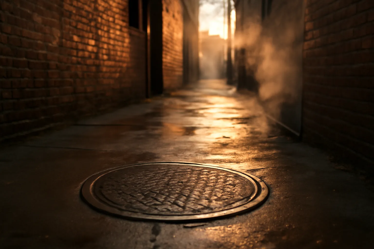 Denver alley grease trap cover at sunrise behind a brick kitchen