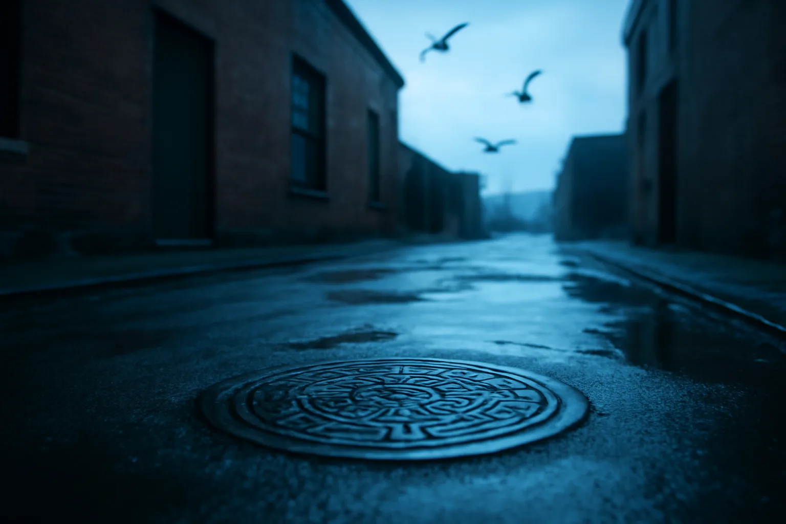 Cast iron grease interceptor cover behind a Connecticut restaurant at dawn