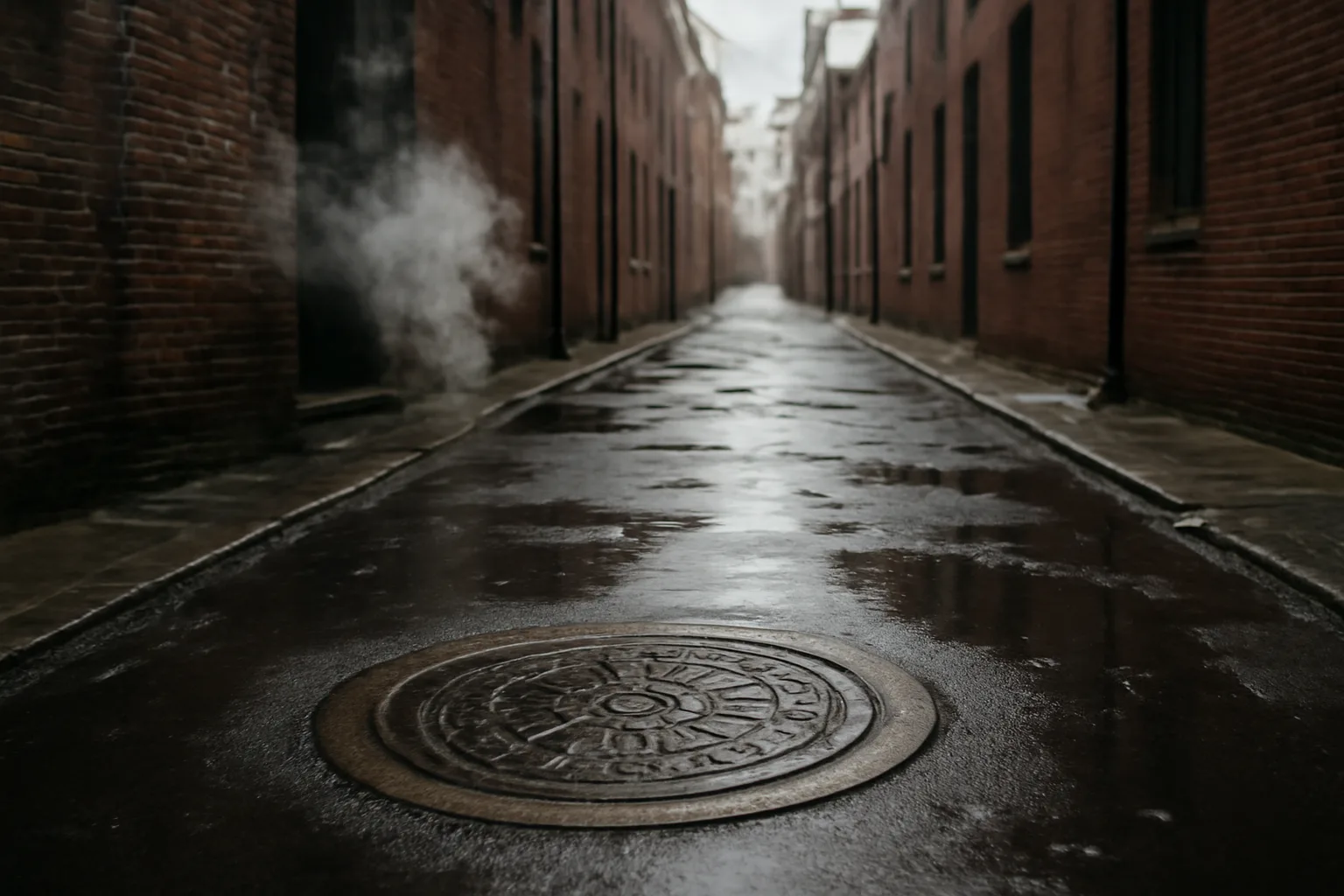 Closed grease trap cover in a wet Delaware restaurant alley