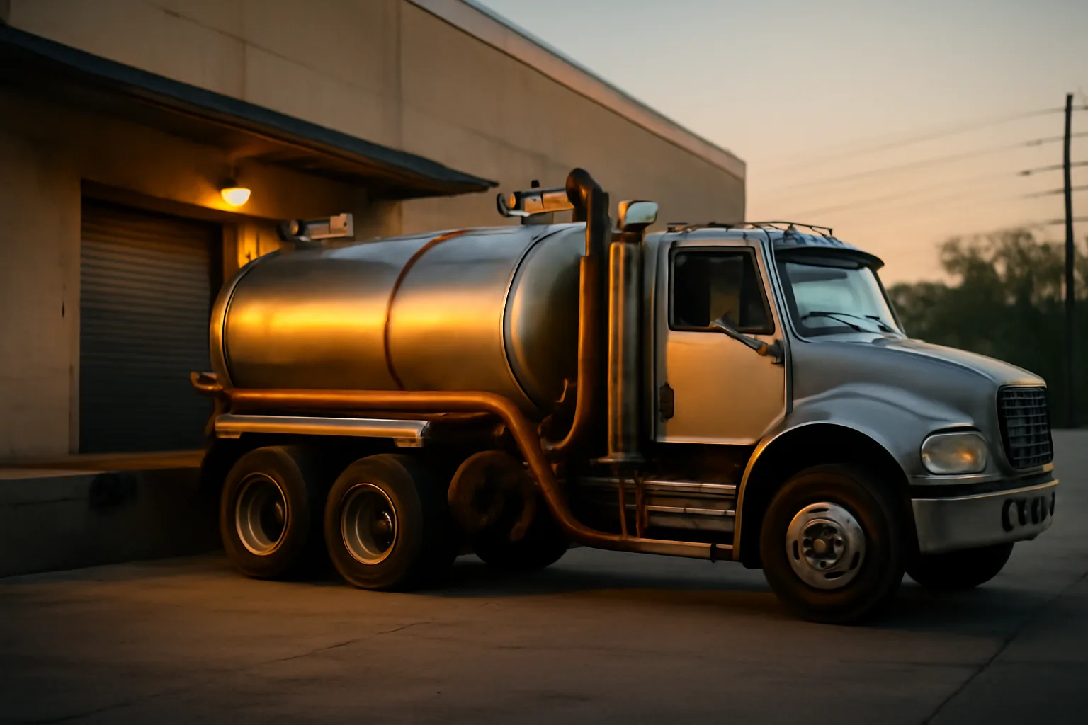 Vacuum pump truck parked at a commercial kitchen loading dock at dawn for grease trap service
