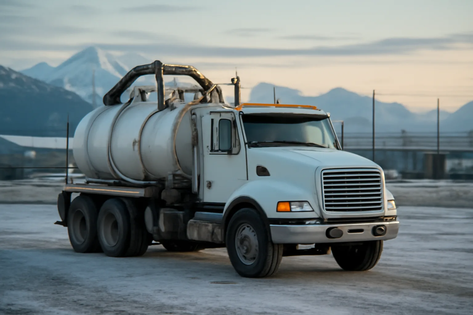 Vacuum truck parked on snowy gravel lot in Alaska industrial area at dawn