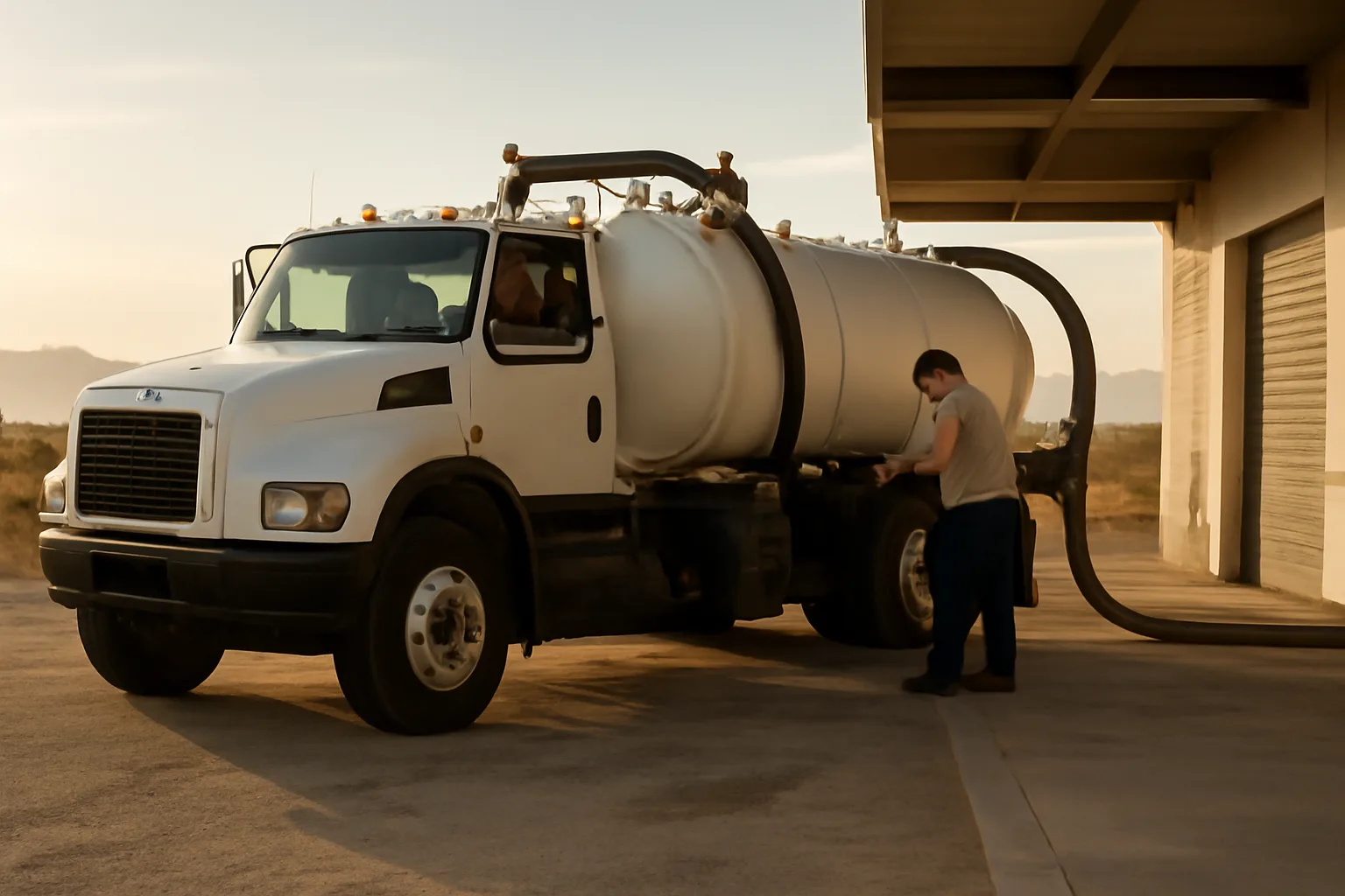 Vacuum truck operator connecting hoses at a commercial kitchen dock in Arizona