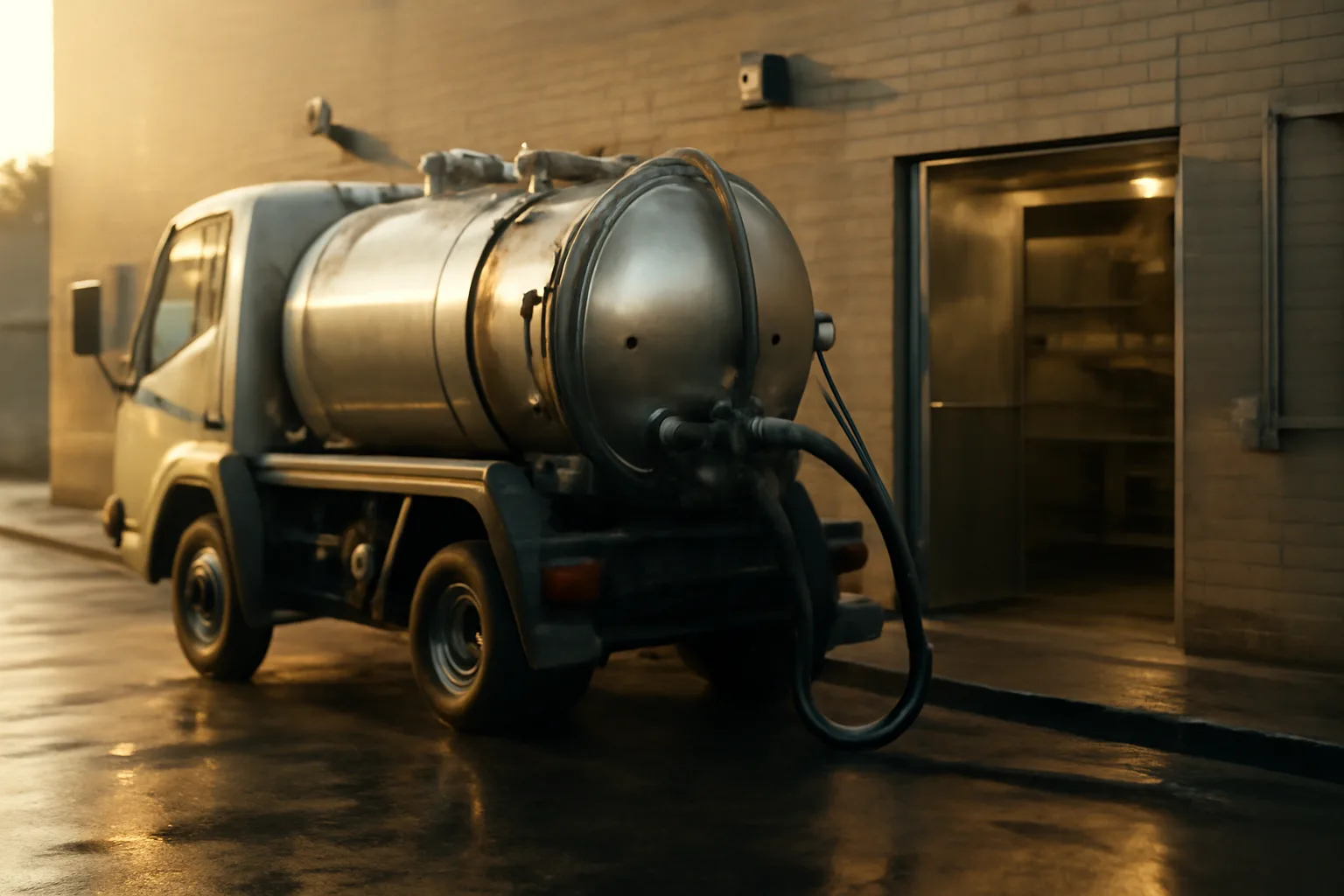 Vacuum pump truck parked behind a commercial kitchen for grease trap service at dawn