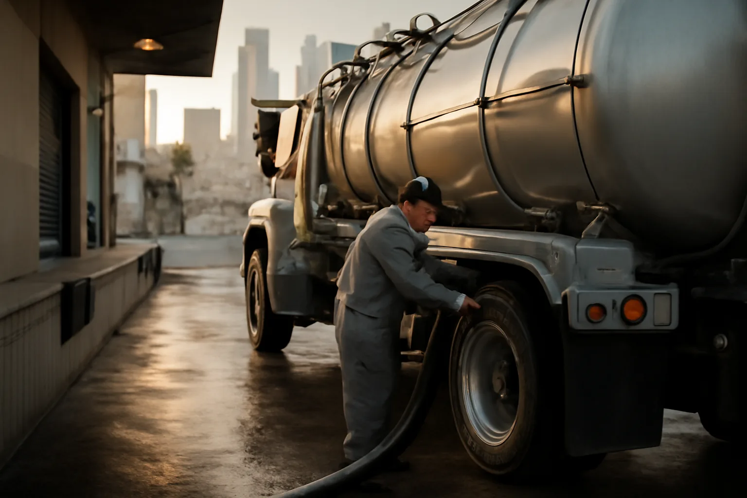 Vacuum truck parked at a commercial kitchen loading dock for grease trap service